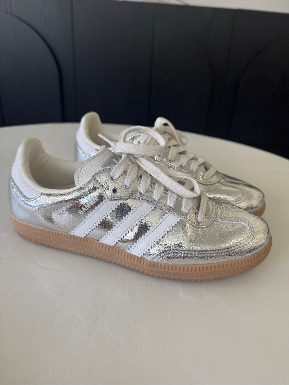 adidas Silver Metallic Samba with White Stripes and Gum Sole